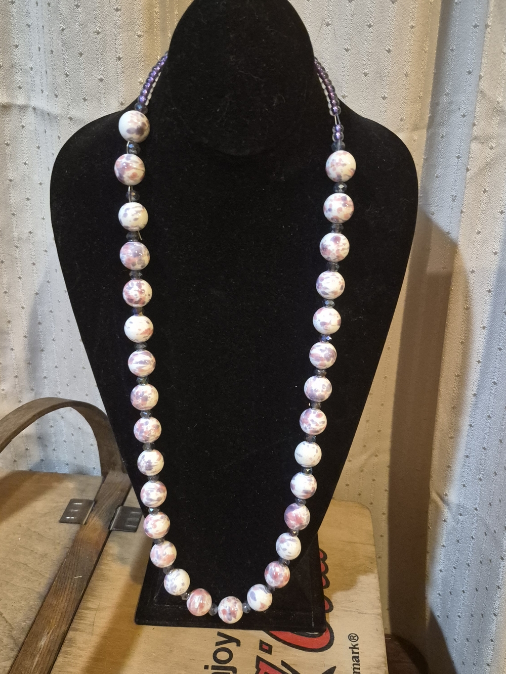 Artisan Heavy Glass Beaded Necklace Purple Pink Splatter Statement Strand 5.6oz